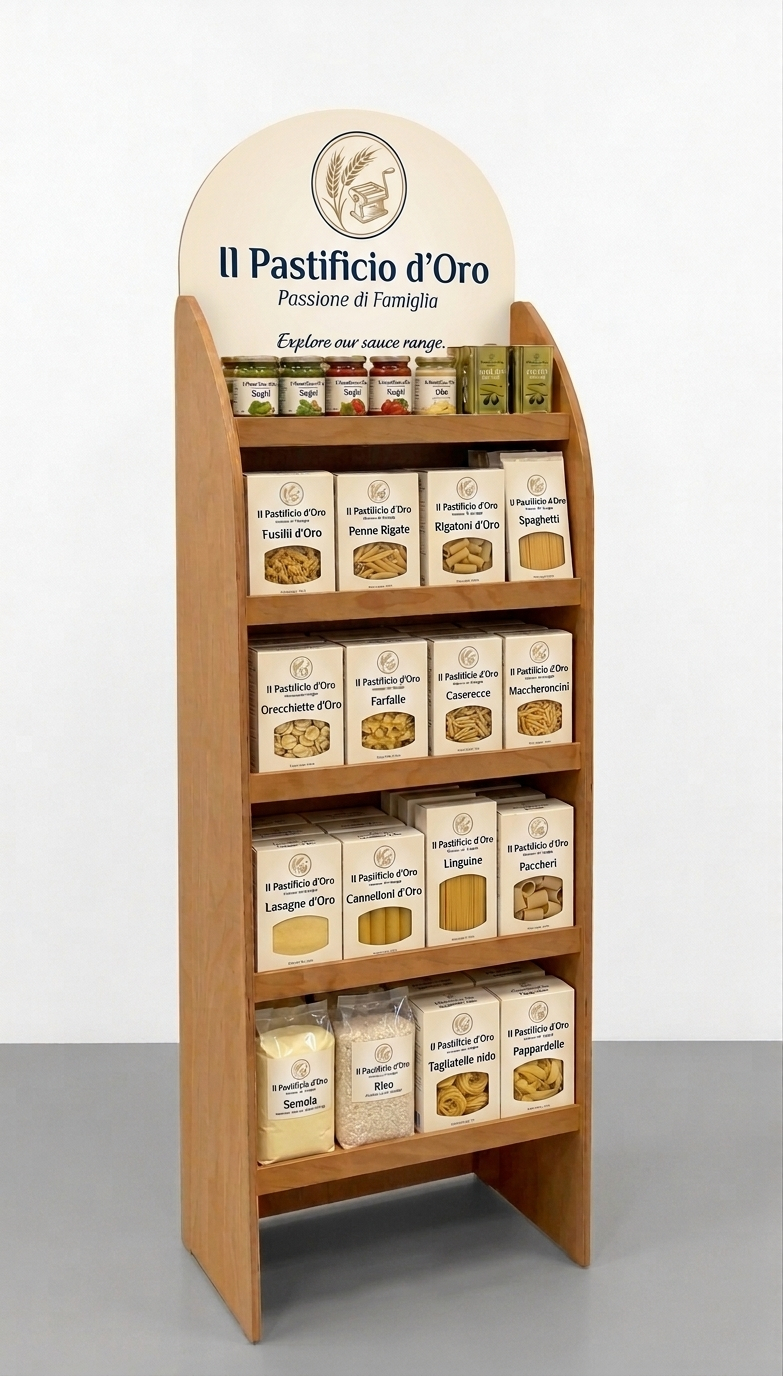 espositore da terra in legno con ripiuani per pasta